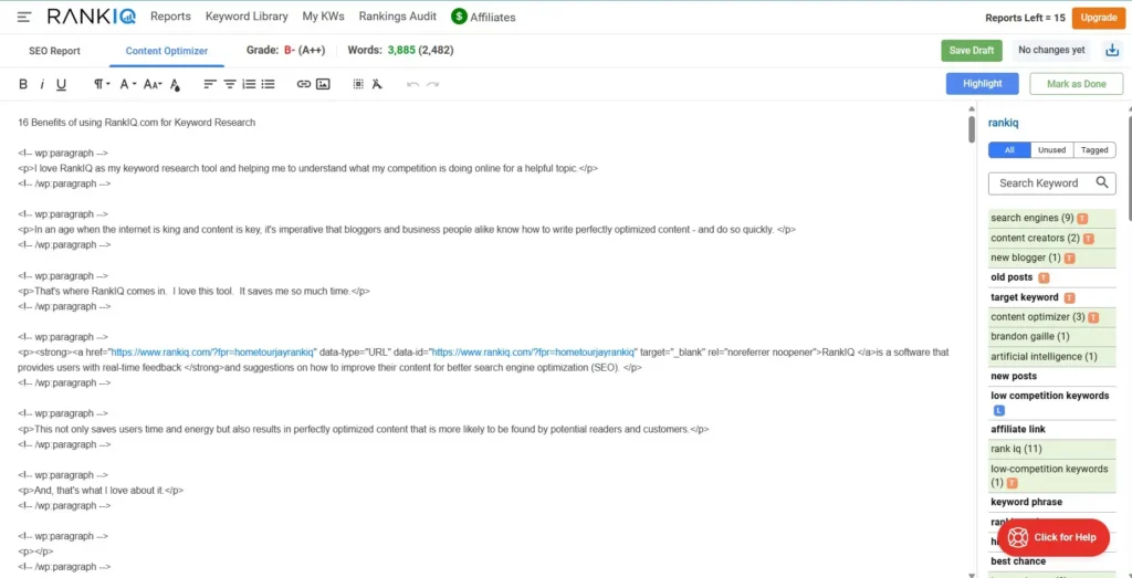 16 Benefits of using RankIQ.com for Blogging and Content Success Content Optimizer section of Rank IQ