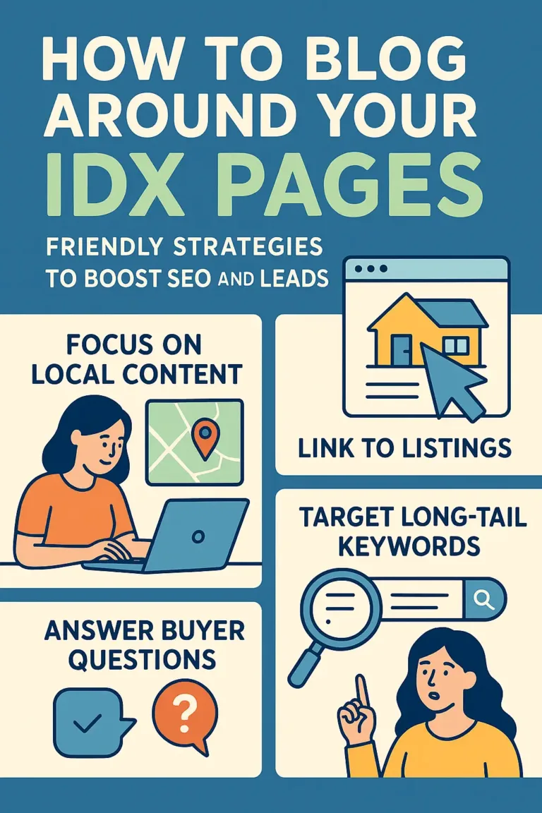 SEO Real Estate Websites with Strategies to Help You Win New Clients Create an image that reflects "How to Blog Around Your IDX Pages: Friendly Strategies to Boost SEO and Leads"