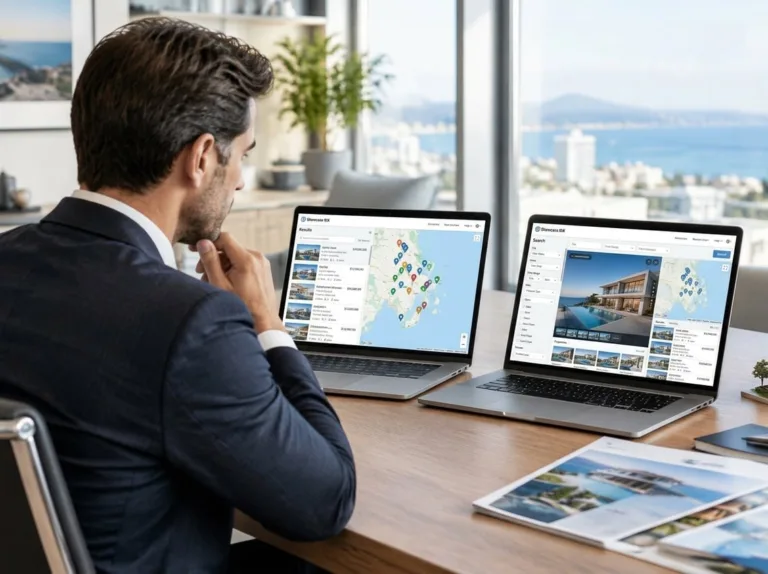 SEO Real Estate Websites with Strategies to Help You Win New Clients A real estate professional compares two property websites on laptop screens. Luxury Presence vs SEORealEstateWagon.com a WordPress Themes design